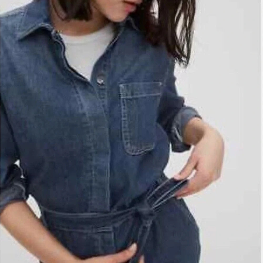 Gap blue denim work Jumpsuit Overalls wide leg tie belt size 4T tall - Picture 3 of 16